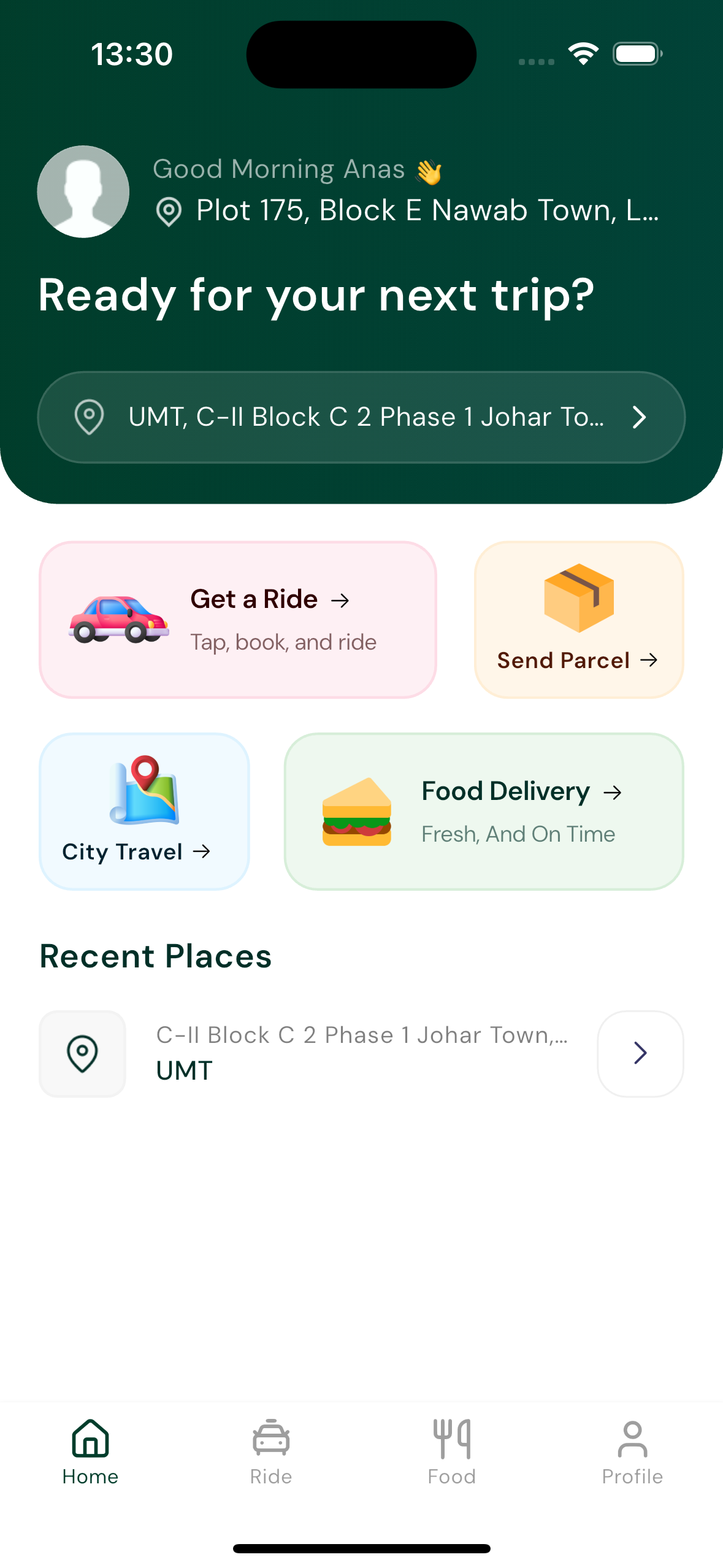 RapidTaxi app home screen